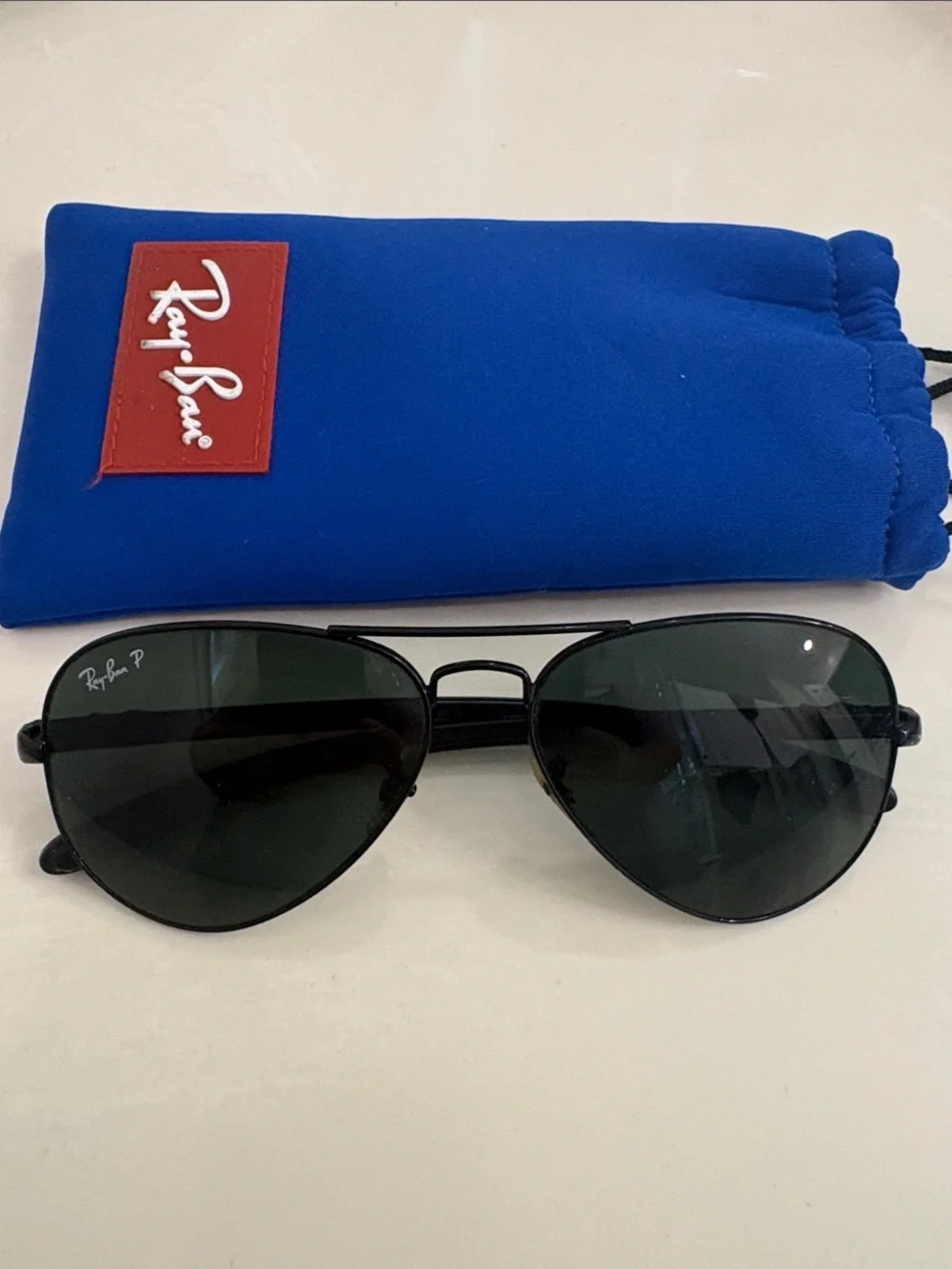 Ray-Ban Black Aviator Sunglasses with Blue Soft Case
